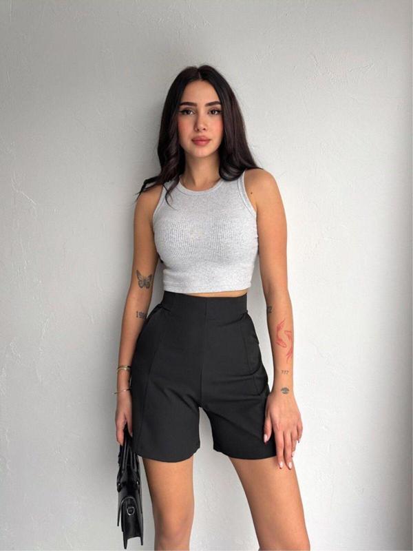Ozy Fashion Double Kumaş Arkadan Fermuarlı Midi Boy  Şort Siyah XL - Image 1