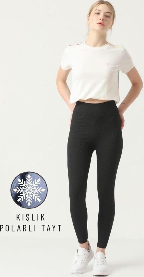 Ozy Fashion Kışlık Polarlı Fitilli Kadın Yüksek Bel Dikişsiz Tayt Siyah M - Image 1