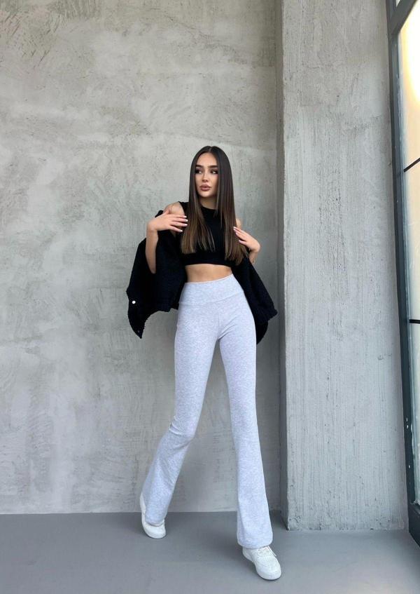 Ozy Fashion Kadın İspanyol Paça Yüksek Bel,Geniş Kemer Penye Tayt Açık Gri M - Image 1