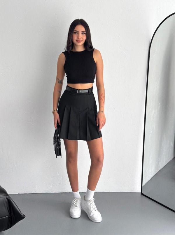 Ozy Fashion Siyah Renk Yazlık Kemerli Pileli Dokuma Şort Etek Siyah L - Image 1