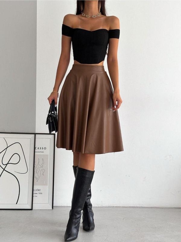 Ozy Fashion Taba Renk Yüksek Bel,İçi Şardonlu,Beli Lastikli,Deri Kloş Etek Taba M - Image 1