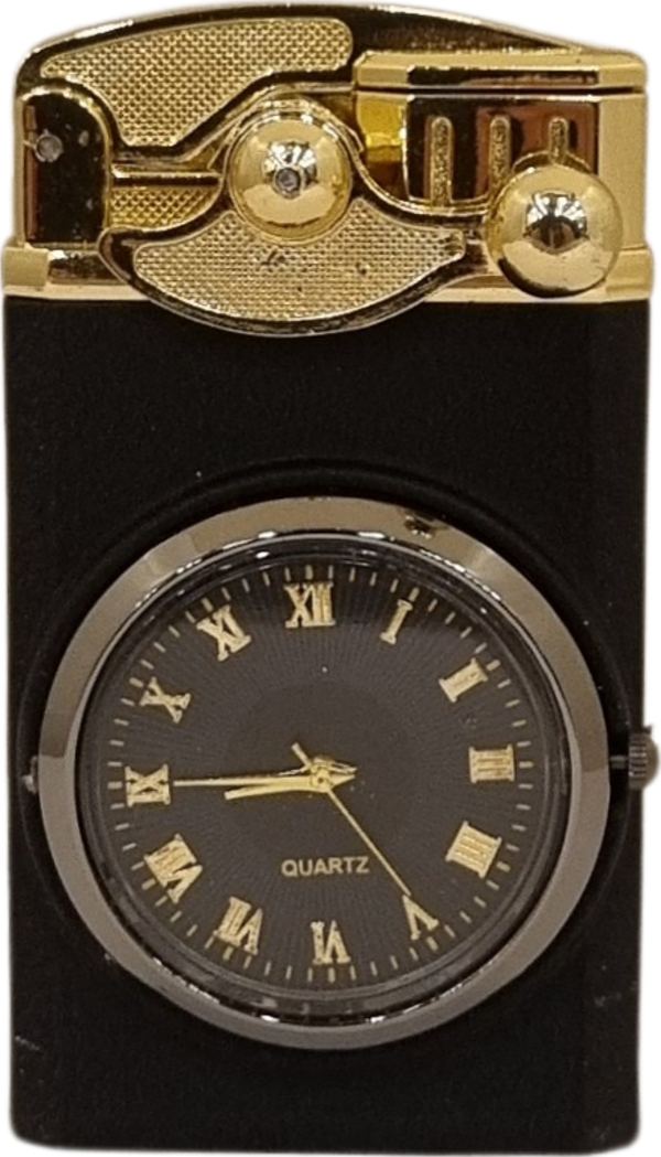 PremiumQuality Gold-Mat Siyah Saat Desenli Çift Torch Pürmüz Metal Puro Çakmağı - Image 1