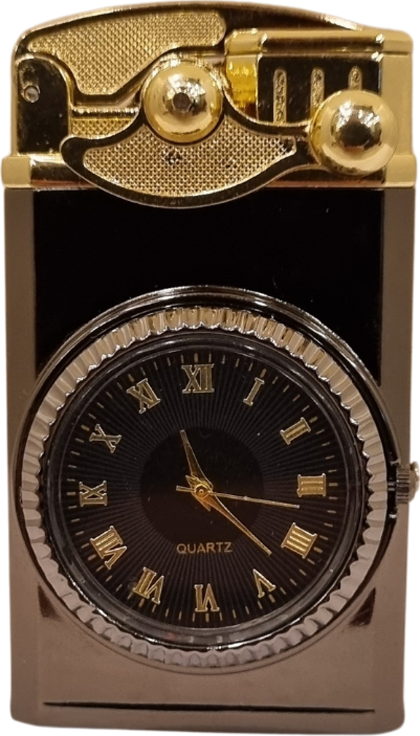 PremiumQuality Gunmetal-Gold Saat Desenli Çift Torch Pürmüz Metal Puro Çakmağı - Image 1