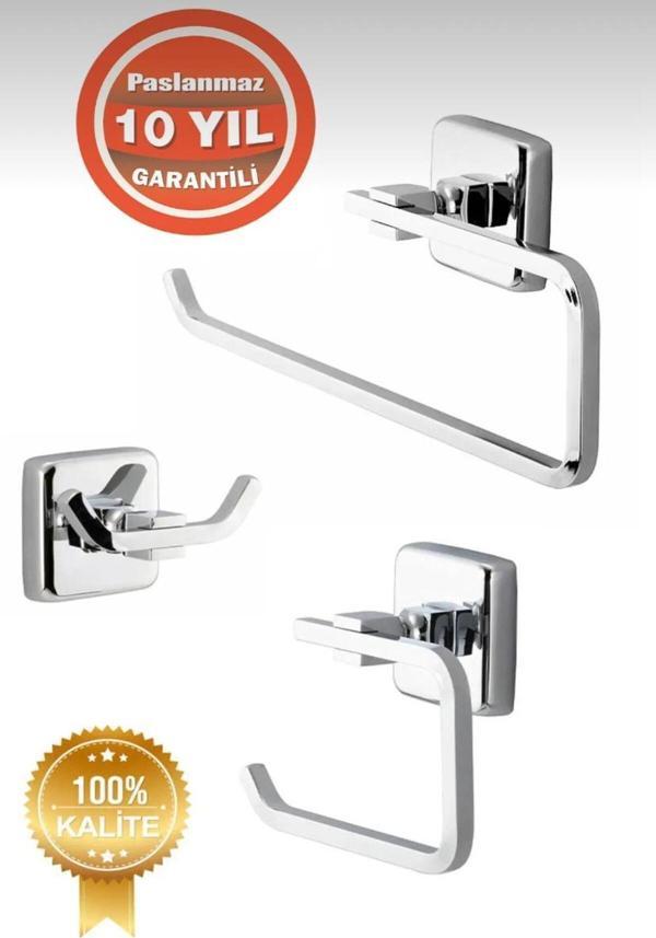 Çelik Banyo Çelik Banyo Paslanmaz Prinç 3 Lü Set-Banyo Aksesuar Kumru (Havluluk,Tuvalet Kağıtlık,Askılık) - Image 1
