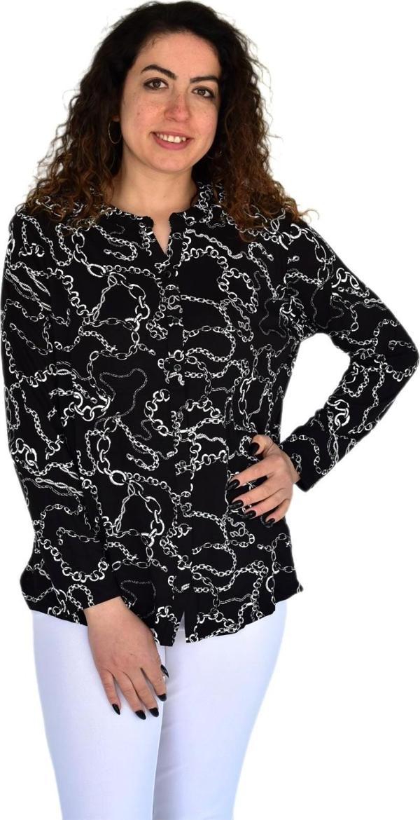 Kadın Zincir Baskılı  Düğmeli Viscon Bluz BGL-ST04266 - Image 1