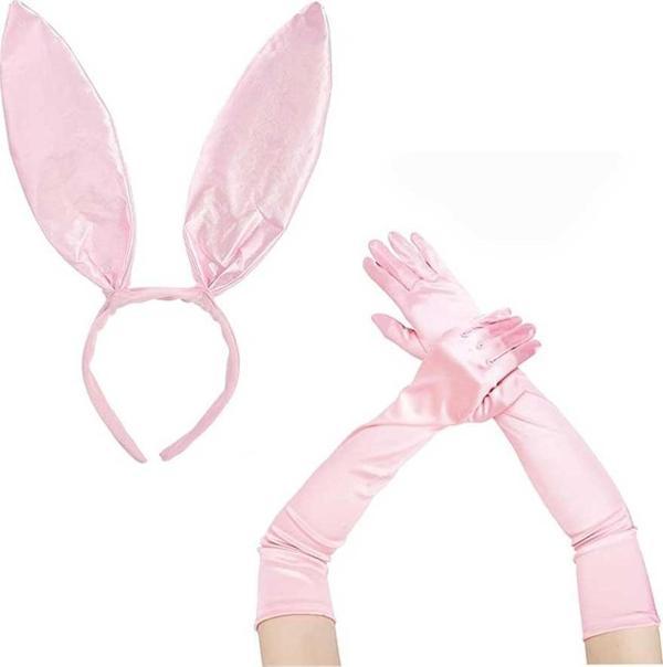 Saten Kaplama Soft Pembe Eldiven 40 cm ve Tavşan Kulak 2 li Set - Image 1