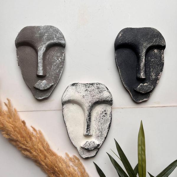Mes Reves Design El Yapımı Taş Heykel Soyut Yüz Maske 3'li Set, Modern beton, eskitme taş görünümlü duvar dekor - Image 1
