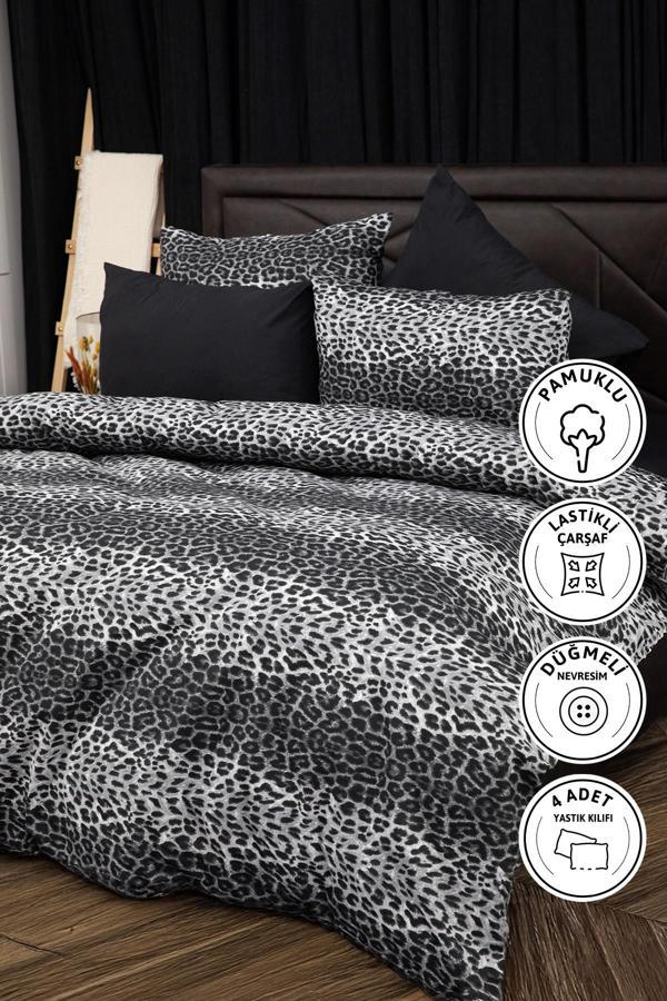 Favora Siyah Leopar Desenli Lastikli Çarşaflı Çift Kişilik Nevresim Takımı - Image 1