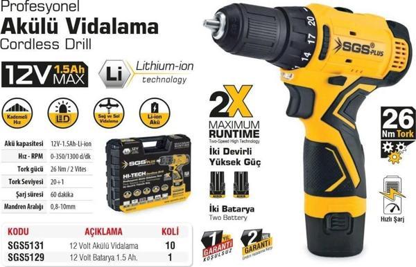 SGS 5131 Akülü Vidalama 12 Volt 1,5 Ah - Image 1