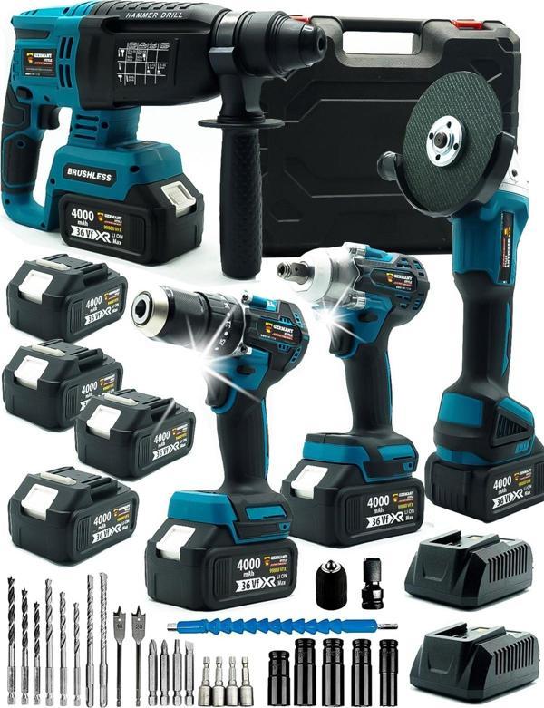 Germany Style 4 Akülü Kömürsüz Motor Matkap-Hilti-Taşlama-Bijon Sökme 4'Lü Set Uç Takımlı Usta Seti - Image 1