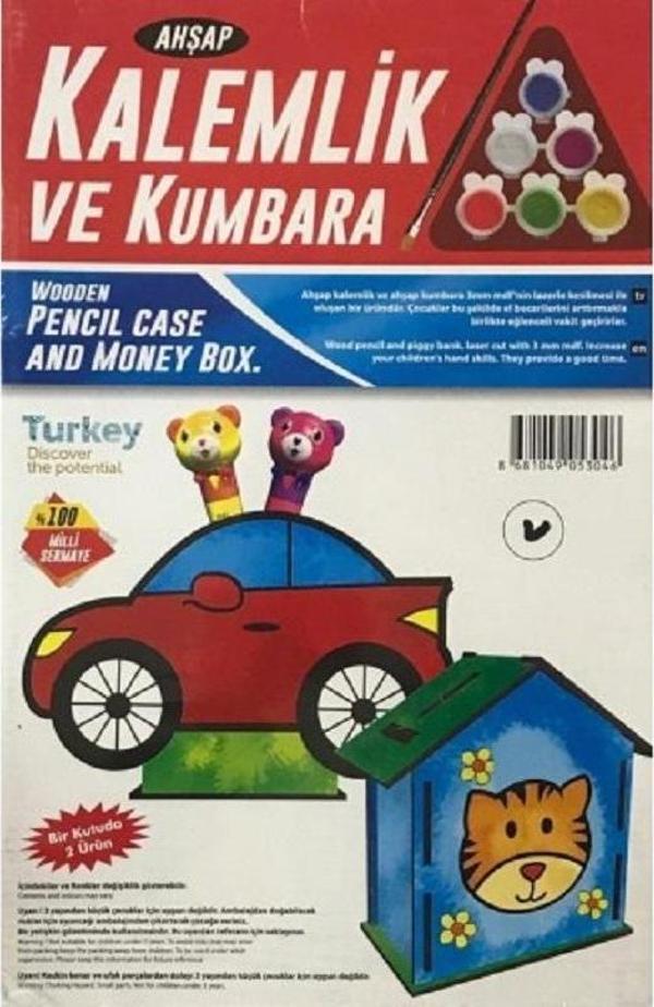 VIP KALİTE MAKET AHŞAP KALEMLİK VE KUMBARA SETİ 6 AKRİLİK BOYA SETİ - Image 1