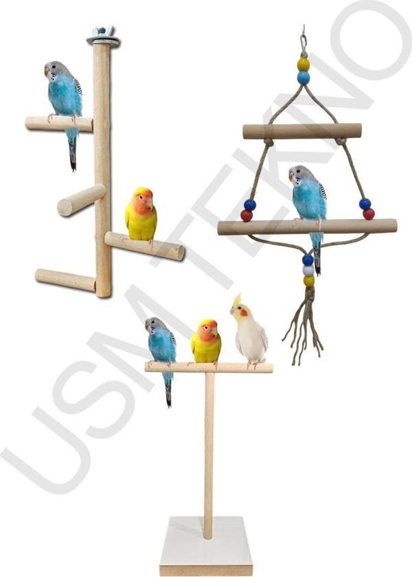 Kuş Tüneği Ahşap Tünek T Tünek Kuş Salıncağı 3 Lü Set Kuş Aksesuarı - Image 1