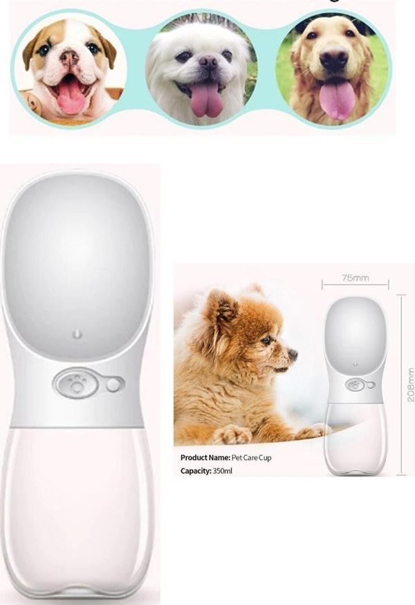 Taşınabilir Kedi Köpek Suluğu Seyahat Su Şişesi Kaseli Emniyetli Sızdırmaz Kutulu 350ml Beyaz - Image 1