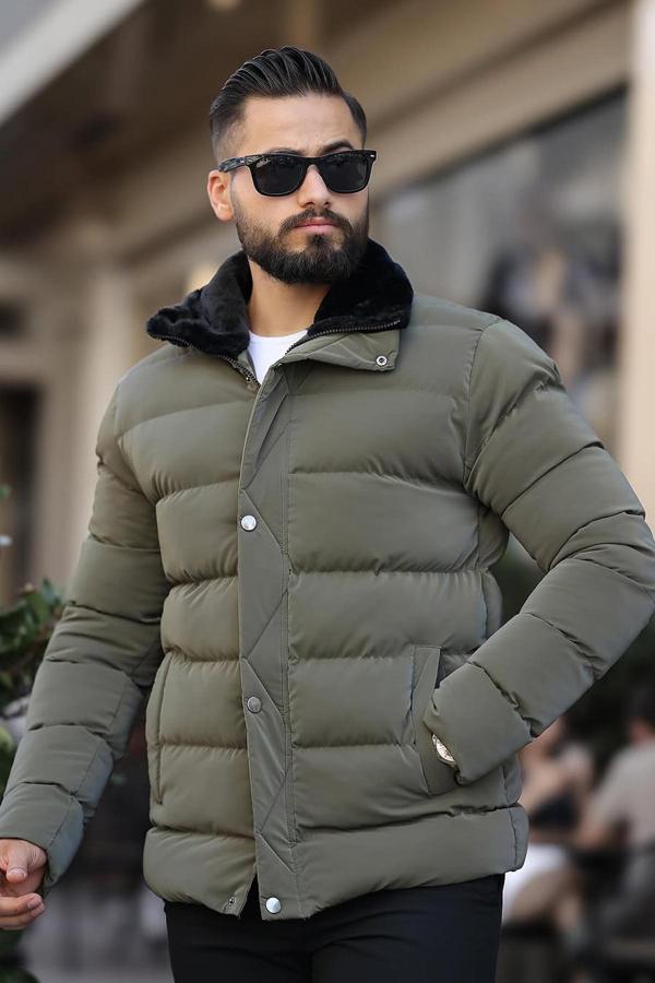 Erkek Parlak Kışlık Şişme Mont Astarlı Haki - Image 1