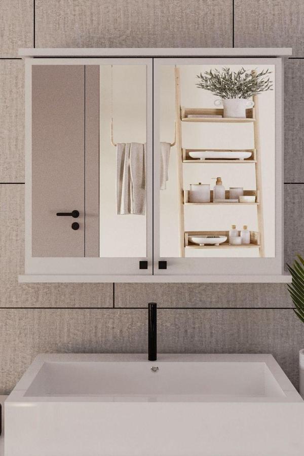 Furniqo AD-2 Lavabo Üstü 2 Kapaklı Aynalı Banyo Dolabı, Beyaz - Image 1