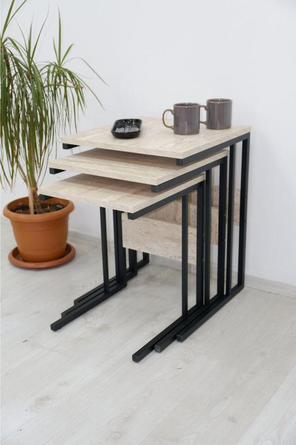 Furniqo ZS-1 3 lü Zigon Sehpa Metal Sehpa Traverten - Image 1