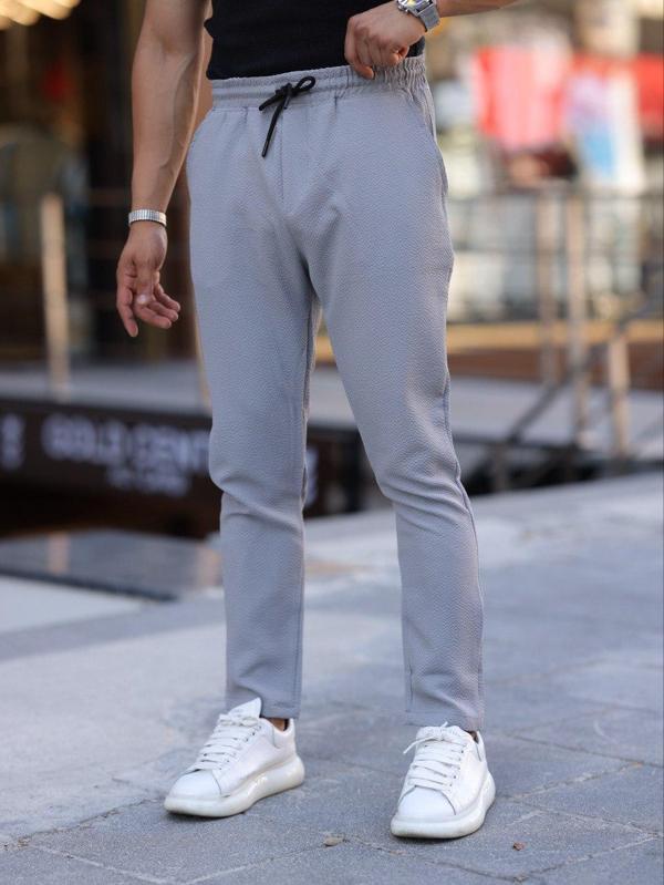 Slim Fit Bağcıklı, Beli Lastikli Düz Paça, Dokulu Erkek Jogger Pantolon  - Image 1