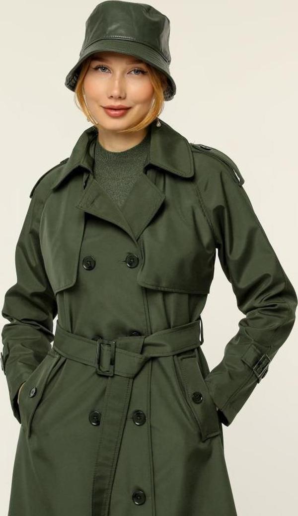 Çift Cepkenli Mevsimlik Bondit Kumaş uzun Kadın Trençkot - Image 1