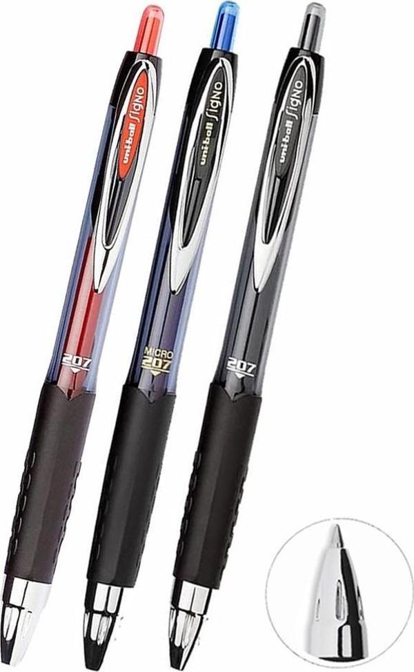 Mavi Siyah Kırmızı Pilot Kalem 3 Adet Uniball Signo 207 0.7 mm Roller Pilot Kalem Umn-207 Likit Mürekkepli Pilot Kalem - Image 1