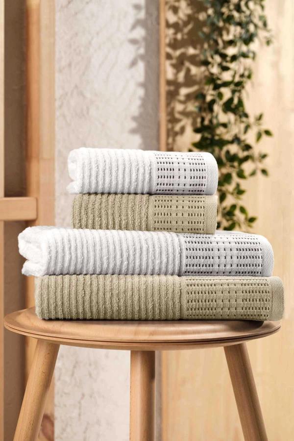 4 Parça Büyük Boy Banyo Havlu Takımı %100 Pamuklu Marena Bej Krem - Image 1