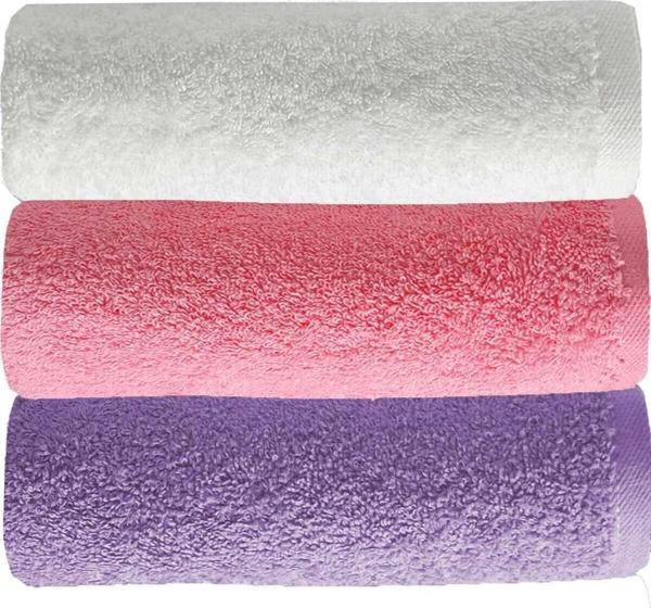 3 lü Düz Renk El Yüz Havlu Seti %100 Pamuklu 50x90 Cm Mor-Pembe-Beyaz - Image 1