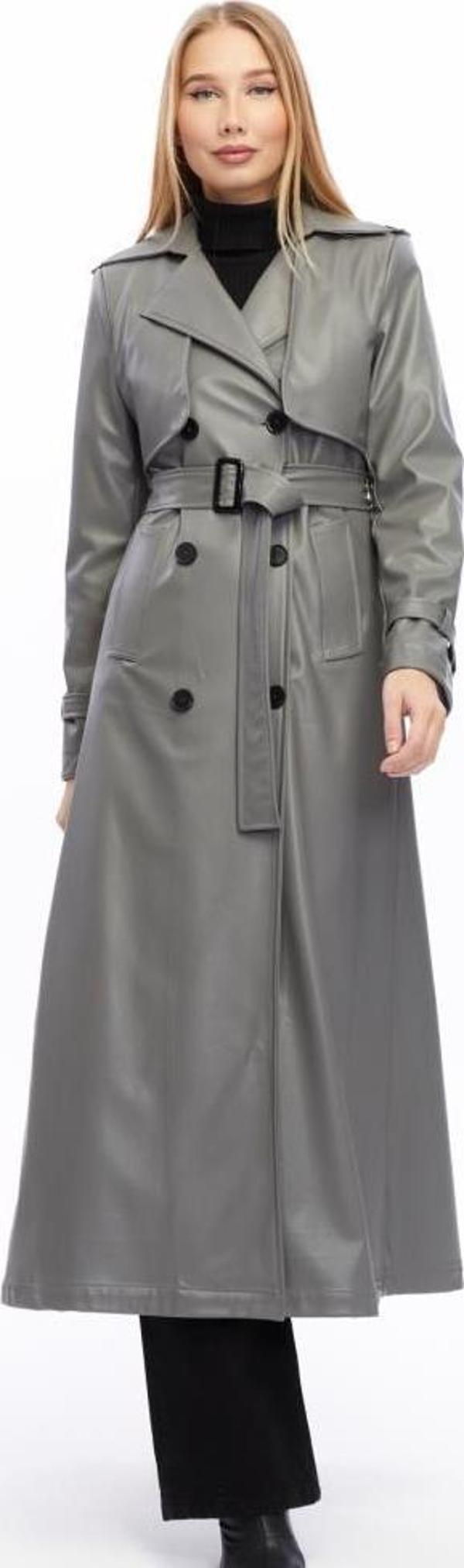 Çift Cepkenli Uzun Boy Deri Trençkot - Image 1