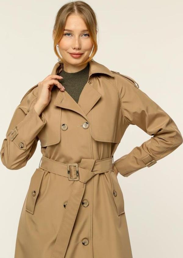 Çift Cepkenli Mevsimlik Bondit Kumaş uzun Kadın Trençkot - Image 1