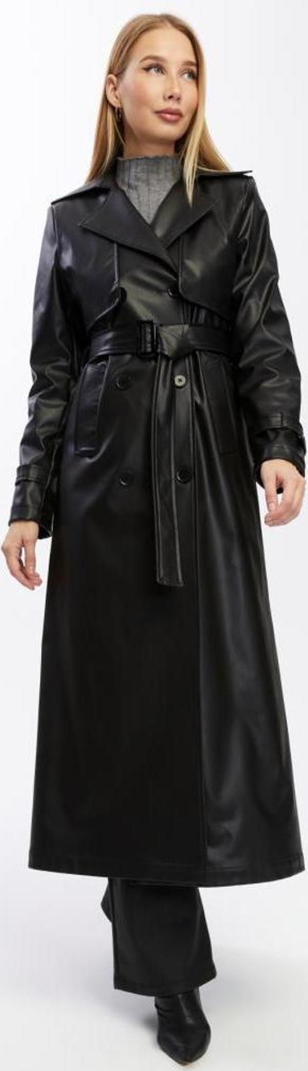 Çift Cepkenli Uzun Boy Deri Trençkot - Image 1