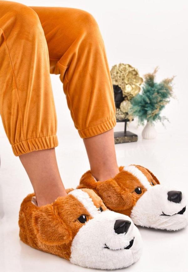 Odesa Ayakkabı Market Unisex Köpek Figürlü Gri Taba Peluş Panduf Hayvanlı Ev Botu - Image 1