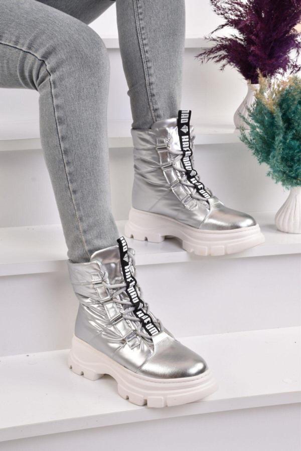 Modaonn Kadın Gümüş Renk Bağcıklı Sneakers Bot - Image 1