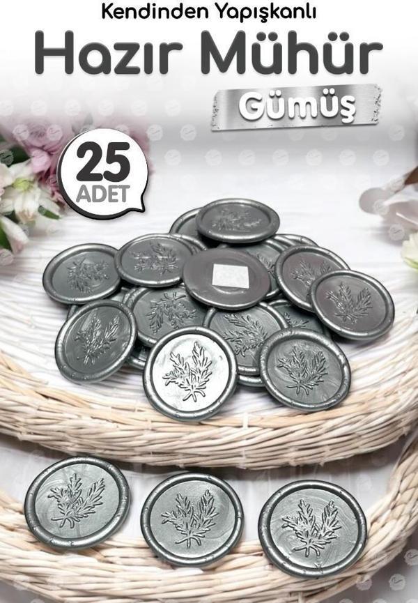 Hazır Mum Mühür Kendinden Etiketli Yapışkanlı Mum Mührü 25 Adet  Gümüş Mühür-T1216 - Image 1