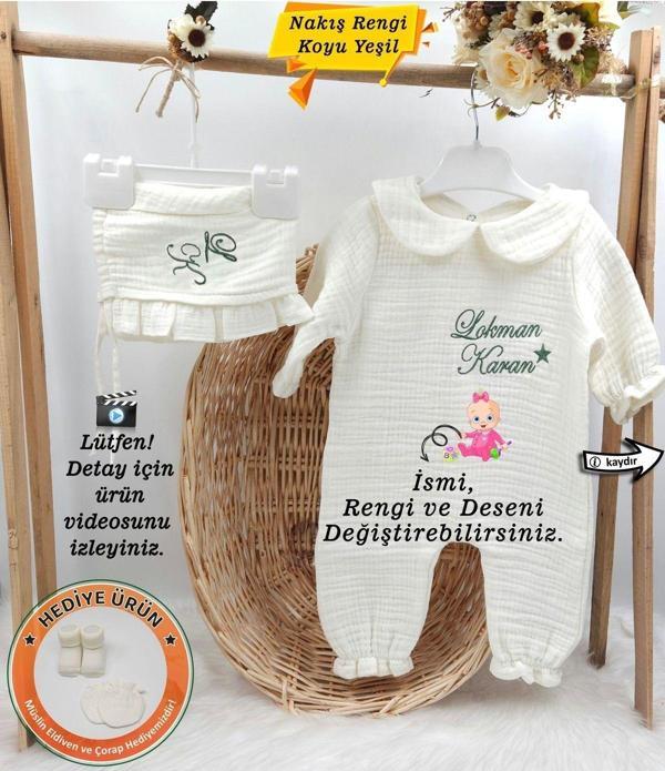 4 Katlı Müslin 2'li Hastane Çıkış Mevlüt Seti %100 Pamuk Organik (Kişiye Özgü İsimli Nakış Desenli) - Image 1