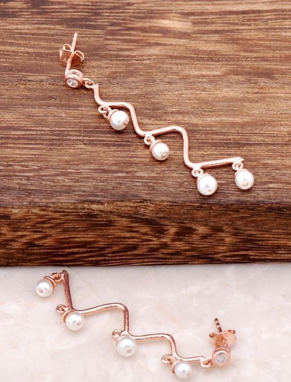 İnci Taşlı Rose Gümüş Zigzag Tasarım Küpe 2154 - Image 1