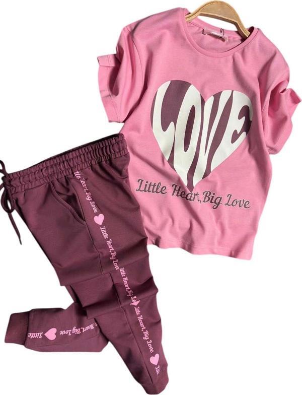 Kız Çocuk Love Kalp Baskılı T-Shirt Şerit Yazı Detaylı Pembe Eşofman Takım - Image 1