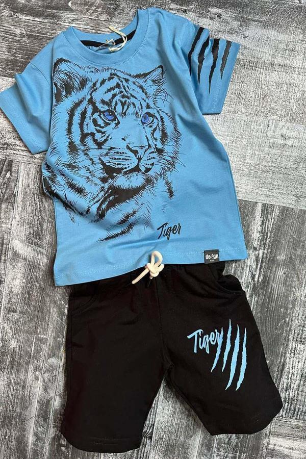 Erkek Çocuk Tiger Baskılı Mavi Tişört Şortlu Takım - Image 1