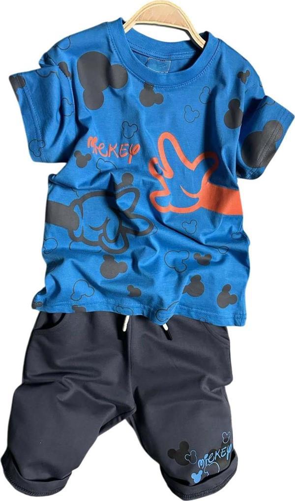 Erkek Çocuk Parmak ve Ayıcık Baskılı Lacivert T-Shirt Şortlu Takım - Image 1