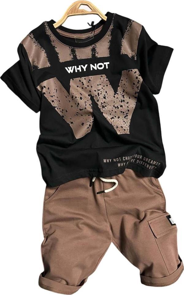 Erkek Çocuk W Harf Why Not Baskılı T-Shirt Kahverengi Şortlu Takım - Image 1