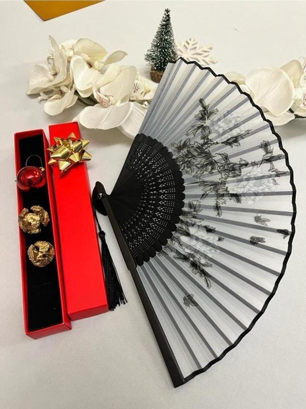- Bambu Gri - Turkuaz - Siyah Çiçek Desenli Şık Japon Yelpaze Lüks Özel Tasarım - Image 1