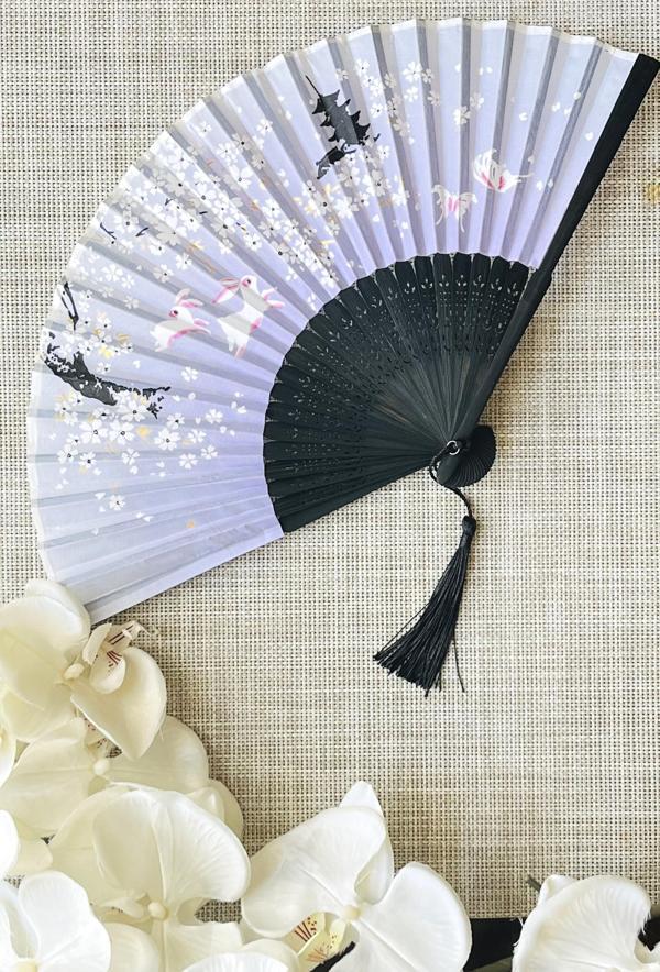 Yelpaze Mor Sakura Çiçekli Kumaş Bambu Yelpaze A509 - Image 1