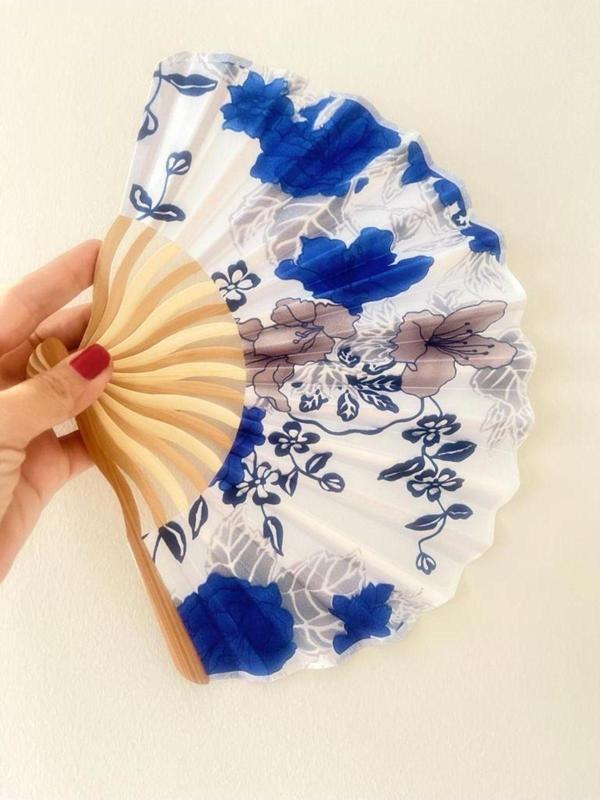 - Lüks, Kaliteli Hediyelik Çeşme Mavisi Çiçek Desenli Şık Istiridye Yelpaze - Image 1