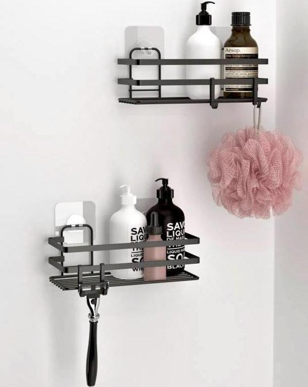 Banyo Düzenleyici Yapışkanlı Metal Banyo Rafı İkili Duş Rafı Organizer Şampuanlık Mat Siyah-GNRL282 - Image 1