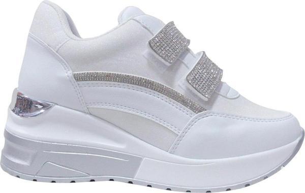 Modalendo Beyaz Gümüş Yüksek Topuklu Cırtlı Sneakers Spor Ayakkabı - Image 1