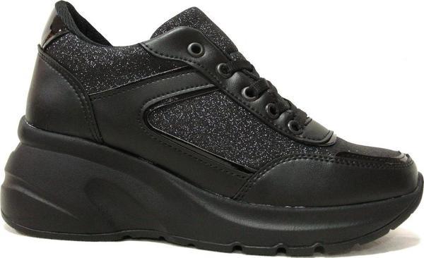 Modalendo Siyah Yüksek Topuklu Bağcıklı Sneakers Spor Ayakkabı - Image 1