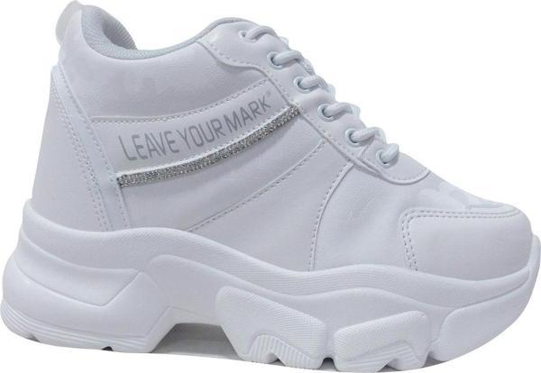 Flet Beyaz Gümüş Yüksek Topuklu Bağcıklı Sneakers Spor Ayakkabı - Image 1