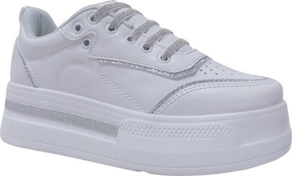 Flet Beyaz Gümüş Yüksek Topuklu Lastik Bağcıklı Sneakers Spor Ayakkabı - Image 1