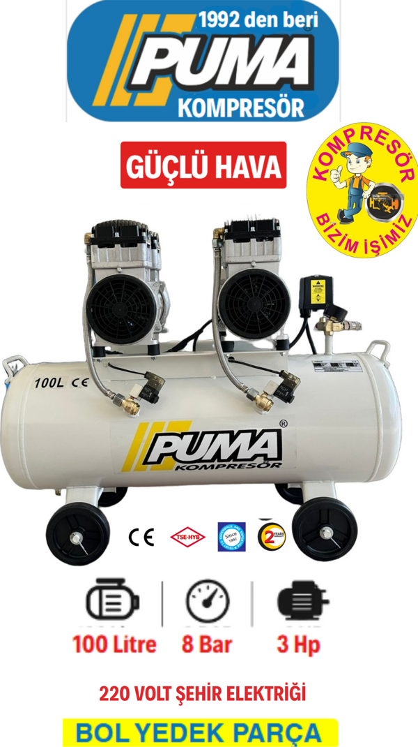 Puma 100 LİTRE YAĞSIZ SES DESİBELİ DÜŞÜK KOMPRESÖR (3 HP) - Image 1
