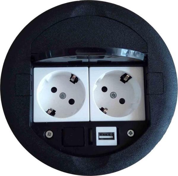 Masa Üstü Priz Kutusu Gömme Tip Siyah + 2 Ad. Priz + 1 Ad. USB Geçiş - Image 1