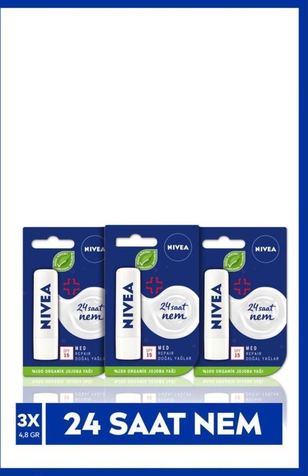 Renksiz Dudak Bakım Kremi Med Repair 4.8gr, 24 Saat Nem, Güneş Koruyucu, SPF15, X3 Adet - Image 1