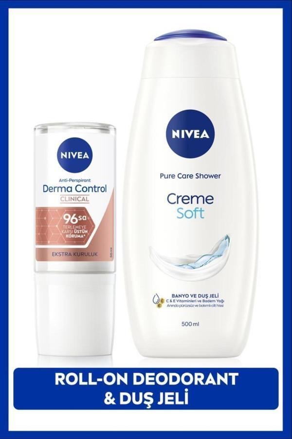 Creme Soft Duş Jeli 500ml Ve Kadın Rollon Deodorant Derma Control Clinical 50ml, 96saat Ter Koruması - Image 1