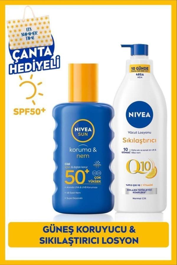 Sun Güneş Koruyucu Vücut Spreyi 200ml Spf50 Ve Q10 Sıkılaştırıcı Vücut Losyonu 400ml, Çanta Hediye - Image 1